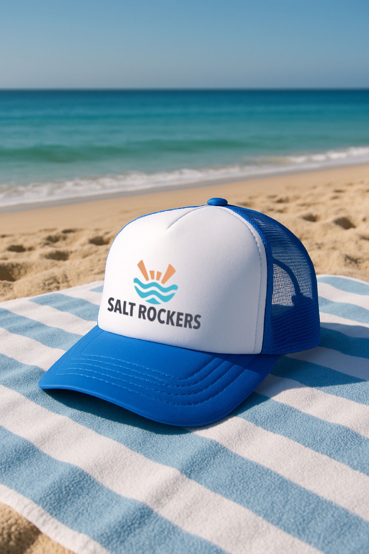 Salt Rockers Trucker Style Cap on a beach towel