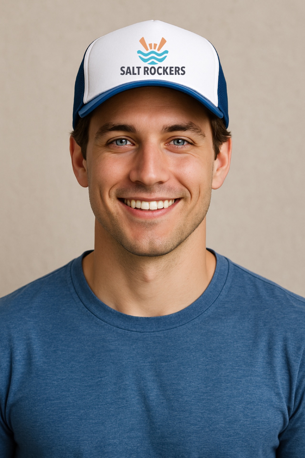 Salt Rockers trucker style cap worn by a smiling man