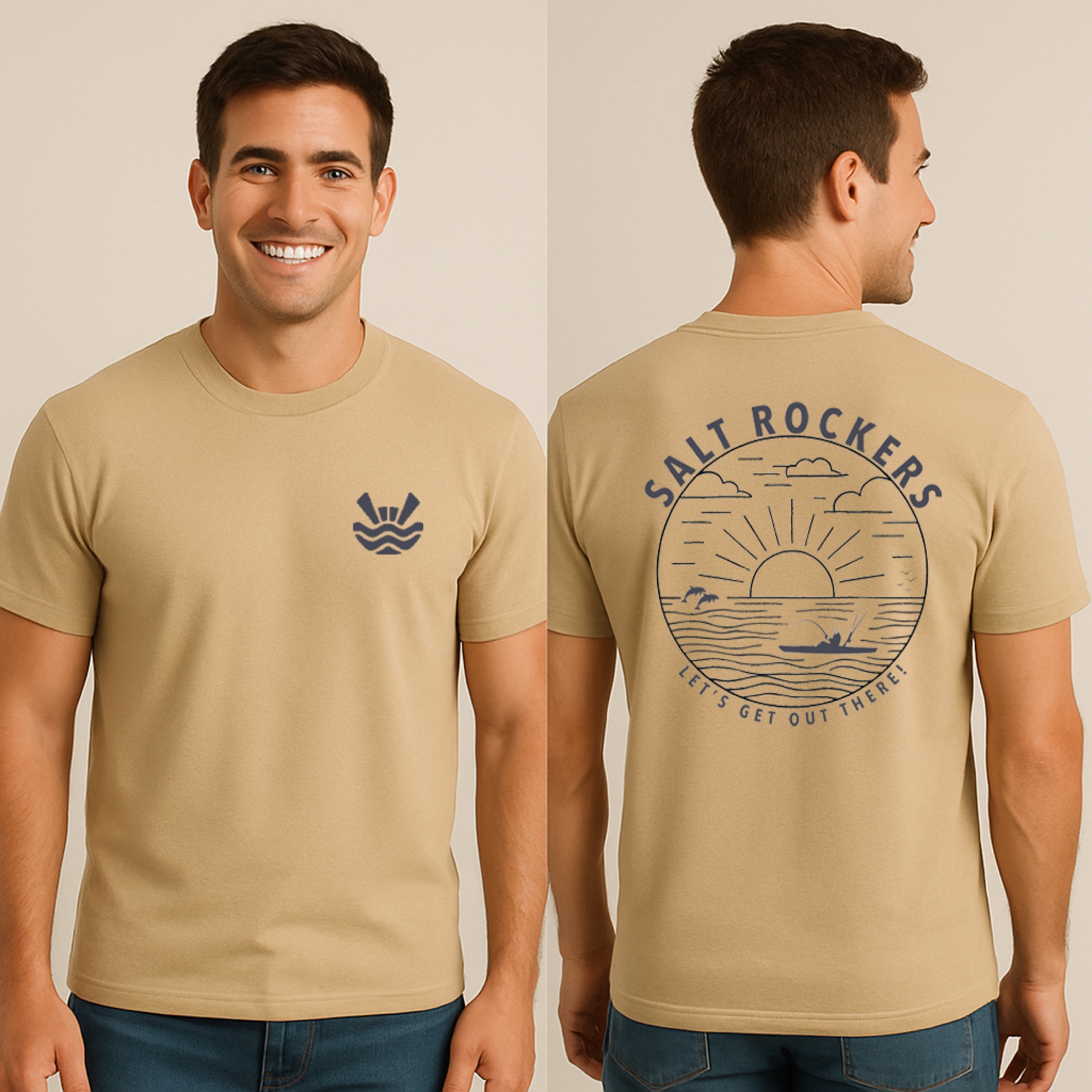 Ocean Adventure Tee, front and back, with the Salt Rockers logo on the chest and the sunrise kayak design on the back
